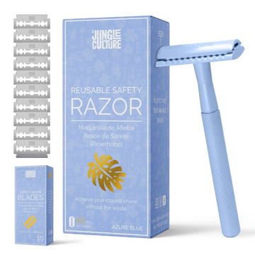 Jungle Culture Women's Reusable Safety Razor With 10 Blades - Premium Eco Single Blade Razor, Azure Blue