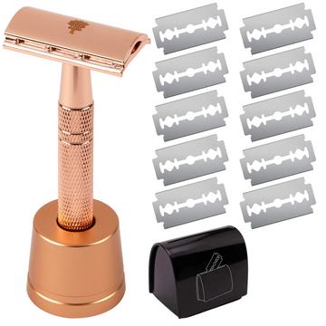 Rose Gold Reusable Safety Razor | Safety Razor Stand | 10 Blades | Disposable Blade Tin