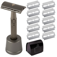 Metallic Black Reusable Safety Razor | Safety Razor Stand | 10 Blades | Disposable Blade Tin